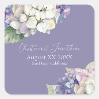 Lila und weiße Hydrangea-Blume auf Lavendel Quadratischer Aufkleber