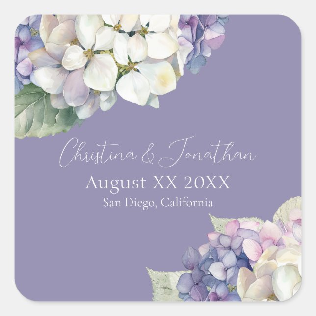 Lila und weiße Hydrangea-Blume auf Lavendel Quadratischer Aufkleber (Vorderseite)
