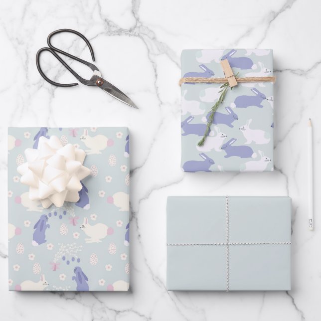 Lila und weiße Kaninchen Ostern Geschenkpapier Set (Vorderseite)