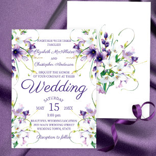 Lila und weiße Lilien mit Grünweine Hochzeit Einladung
