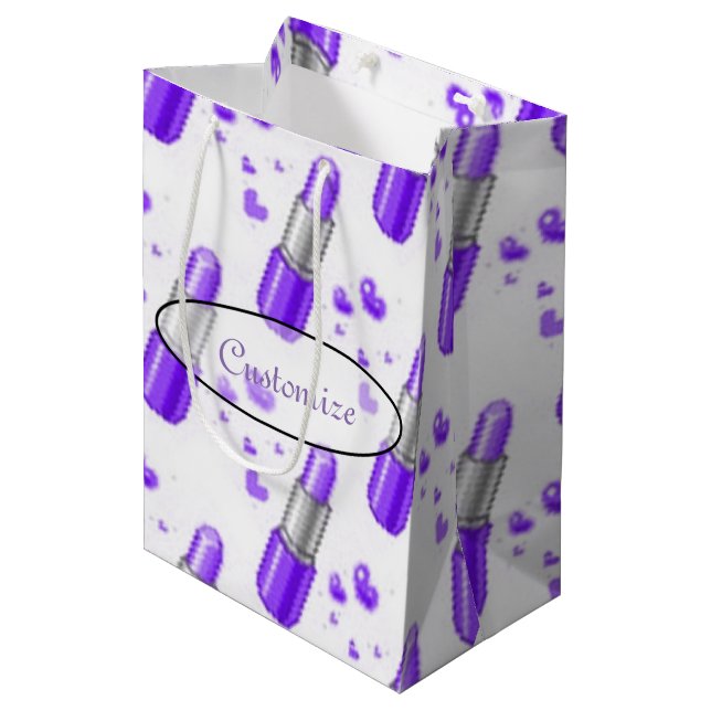 Lila und weiße Lipstick-Lover-Geschenktasche Mittlere Geschenktüte (Vorderseite Schrägansicht)