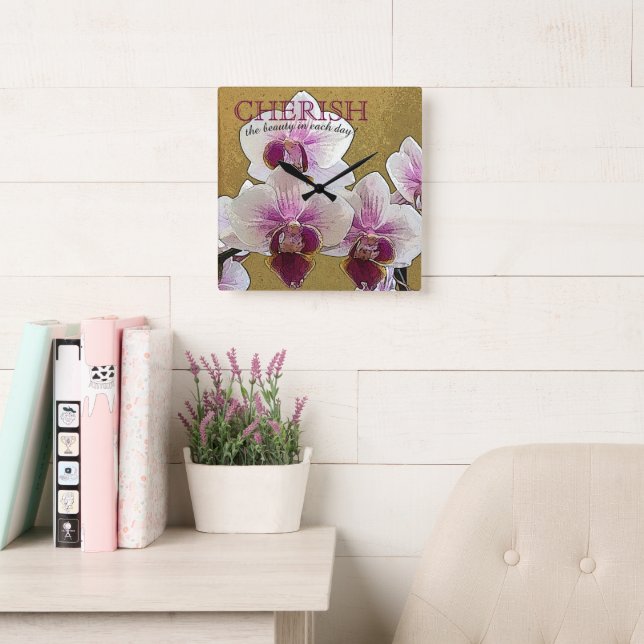 Lila und weiße Orchidee Pinselstrich nach Maß Quadratische Wanduhr (Lesesaal)
