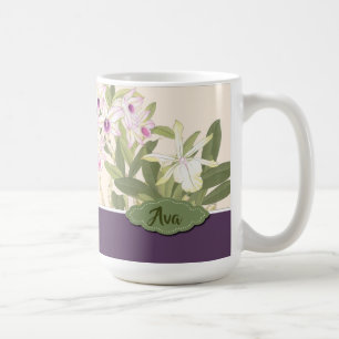 Lila und weiße Orchideenarmut Kaffeetasse