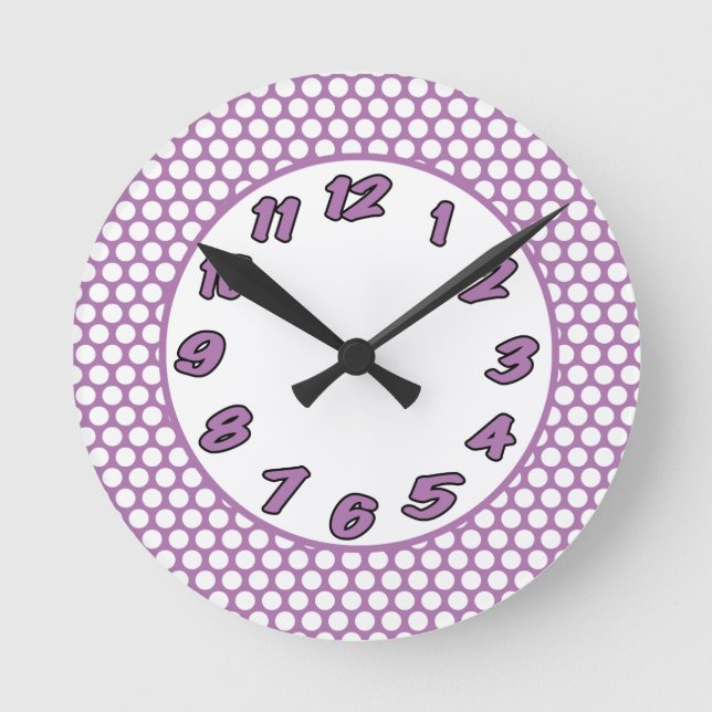 Lila und weiße Polka-Punkte Runde Wanduhr (Vorderseite)