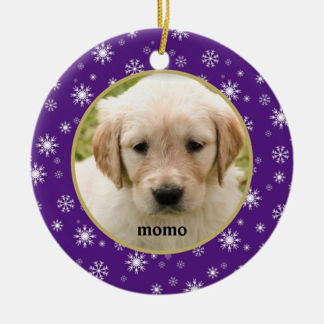 Lila und weiße Schneeflocke Hauskatze oder Hund Keramik Ornament (Vorne)