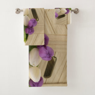 Lila und weiße Tulpen-Badehandtücher Badhandtuch Set