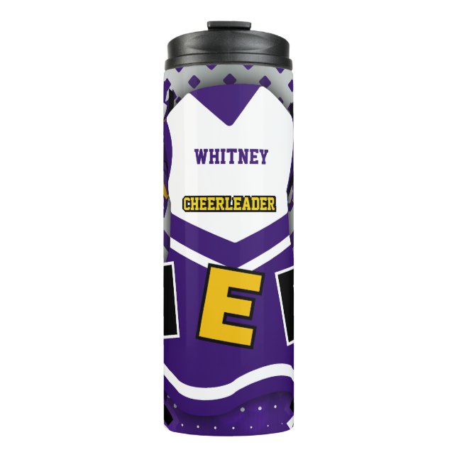 Lila und weiße Uniform Cheer Thermosbecher (Vorderseite)