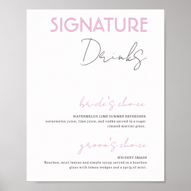 Lila und weiße Unterschrift Drinks Hochzeitsdoster Poster (Vorne)