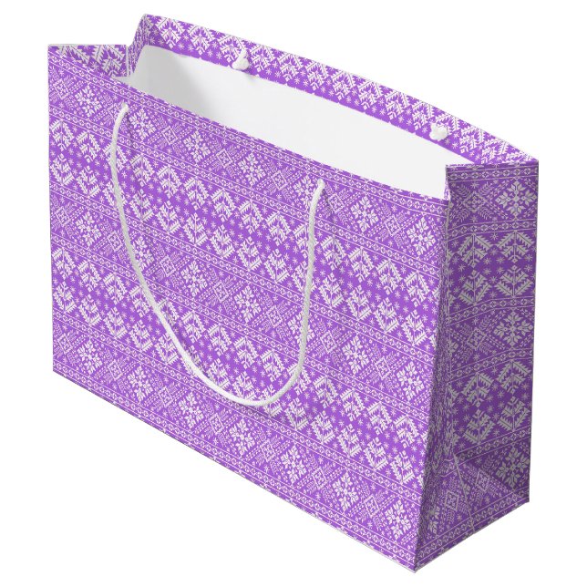 Lila und weiße Weihnachtsmesse Isle Pattern Große Geschenktüte (Rückseite Schrägansicht)