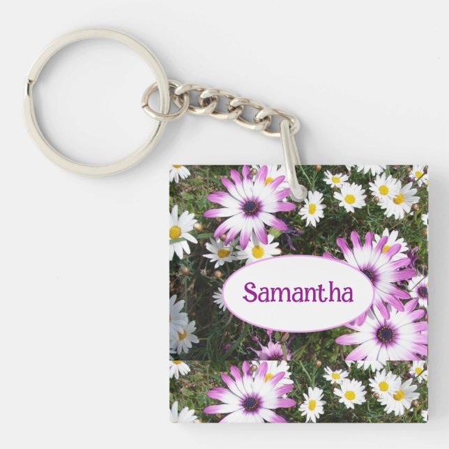Lila und weißer Daisy-Blumen-benutzerdefinierbarer Schlüsselanhänger (Vorderseite)