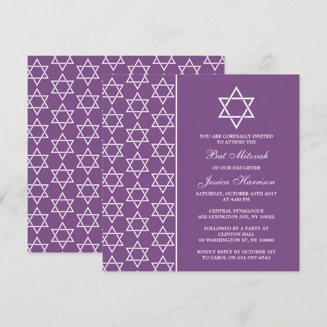 Lila und weißer jüdischer Star von David Bat Mitzv Einladung (Vorne/Hinten)