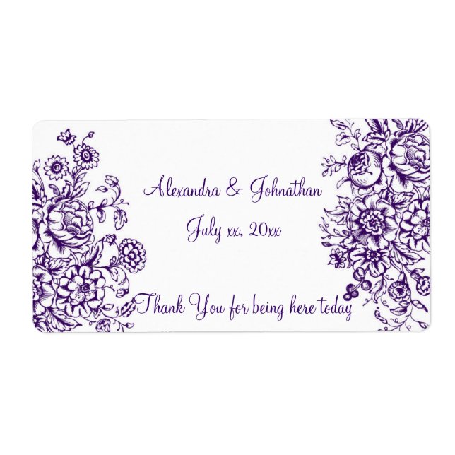 Lila und weißes elegantes Hochzeitsweinlabel (Vorne)