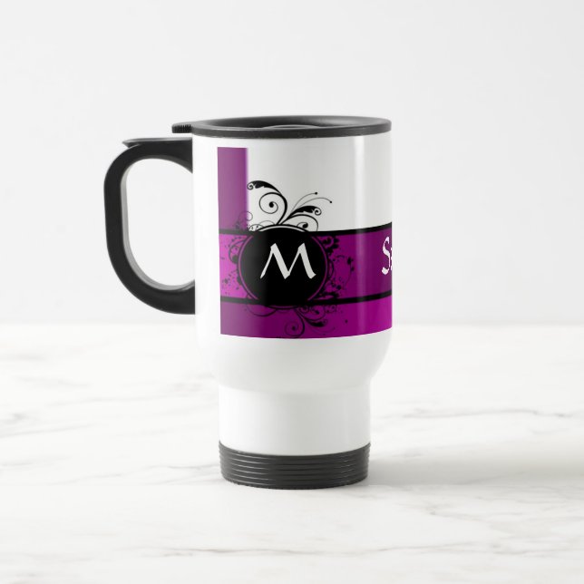 Lila und weißes mit Monogramm Reisebecher (Links)