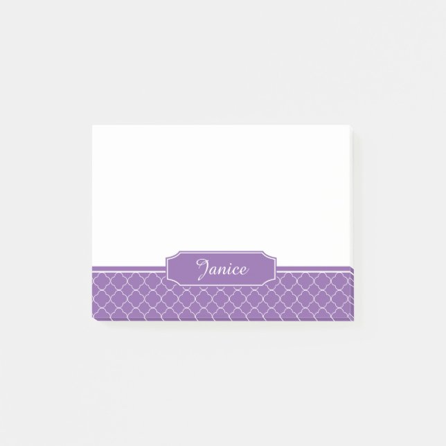 Lila und weißes Quatrefoil Monogramm Post-it Klebezettel (Vorderseite)