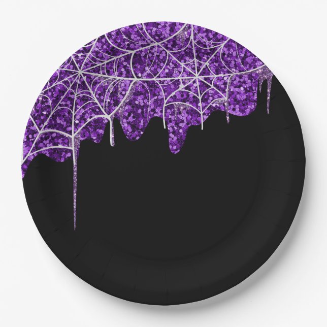 Lila und weißes Spinnennetz Halloween Pappteller (Vorderseite)