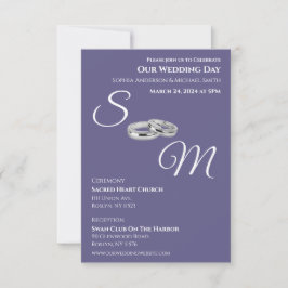 Lila- und White-Monogram-Hochzeitsringe- Einladung