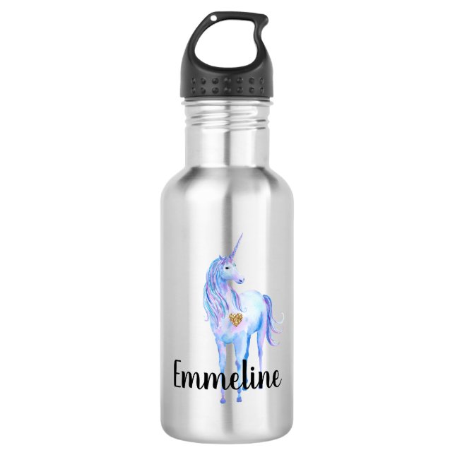 Lila Unicorn Gold Glitzer Herz personalisiert Edelstahlflasche (Vorderseite)