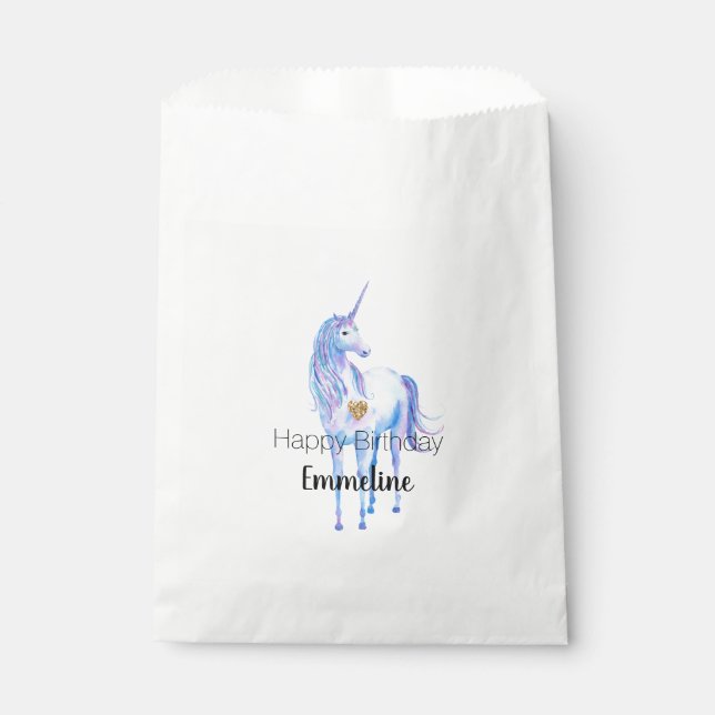 Lila Unicorn Gold Glitzer Herz personalisiert Geschenktütchen (Vorderseite)