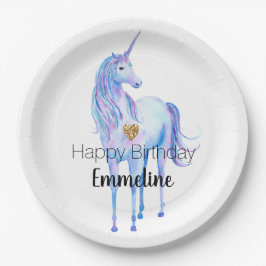 Lila Unicorn Gold Glitzer Herz personalisiert Pappteller