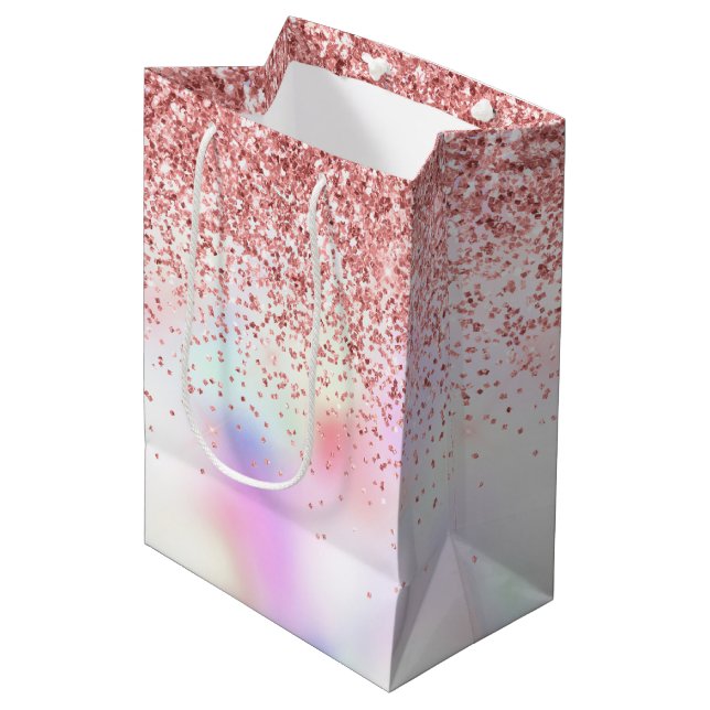 Lila Unicorn-Regenbogen-Glitzer Mittlere Geschenkt Geschenktüte (Vorderseite Schrägansicht)