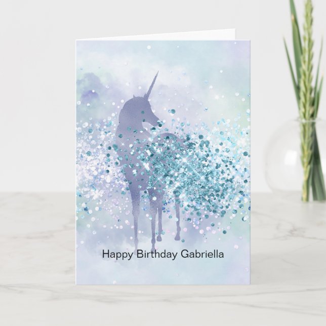 Lila Unicorn Sparkle Aqua Glittery Confetti Karte (Vorderseite)