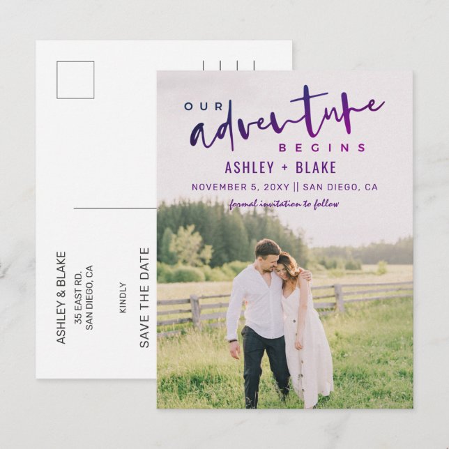 Lila Unser Abenteuer fängt Save the Date Foto an Ankündigungspostkarte (Vorne/Hinten)