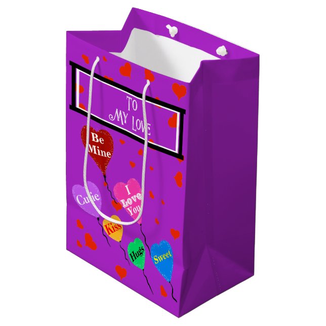 Lila Valentine I Liebe Sie hören Mittlere Geschenktüte (Vorderseite Schrägansicht)