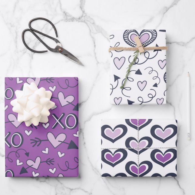 Lila Valentinstag Herz Geschenkpapier Set (Vorderseite)