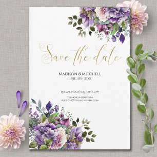 Lila Veilchen Aquarell Blumenstrauß Gold Schriftzu Save The Date