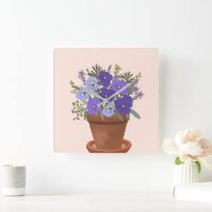 Lila Veilchen in einem Topf – Botanische Blumenkun Quadratische Wanduhr