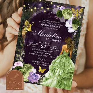 Lila verzauberte Waldprinzessin Quinceanera Einladung