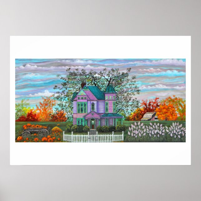 Lila Viktorianische Wohnwagen Pumpkins Fall Bäume Poster (Vorne)