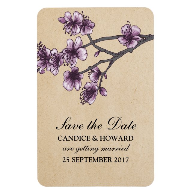 Lila Vintage Kirschblüten Save the Date Magnet (Vertikal)