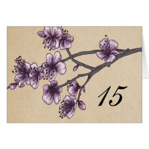 Lila Vintage-Kirschblüten-Tischnummernkarte