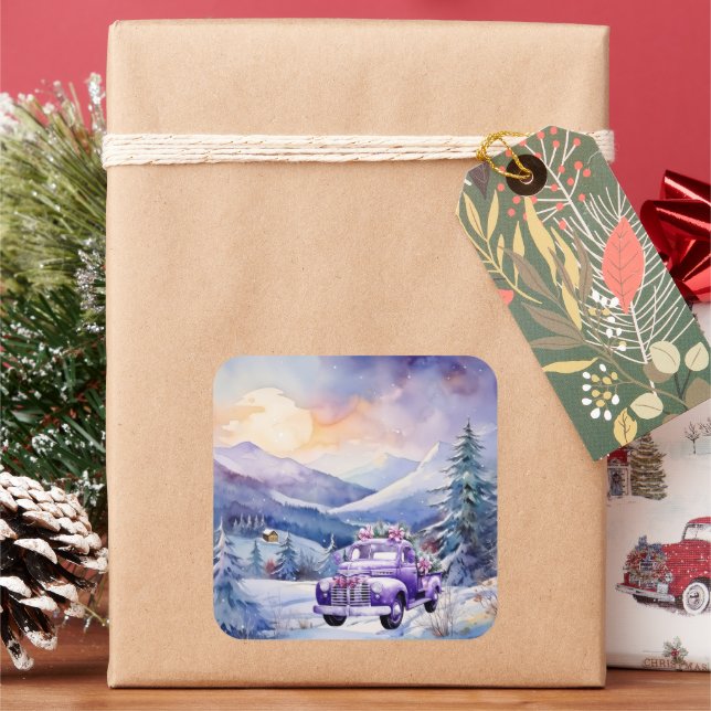Lila Vintager Lkw und Gebirge Weihnachten Quadratischer Aufkleber (Feiertag)