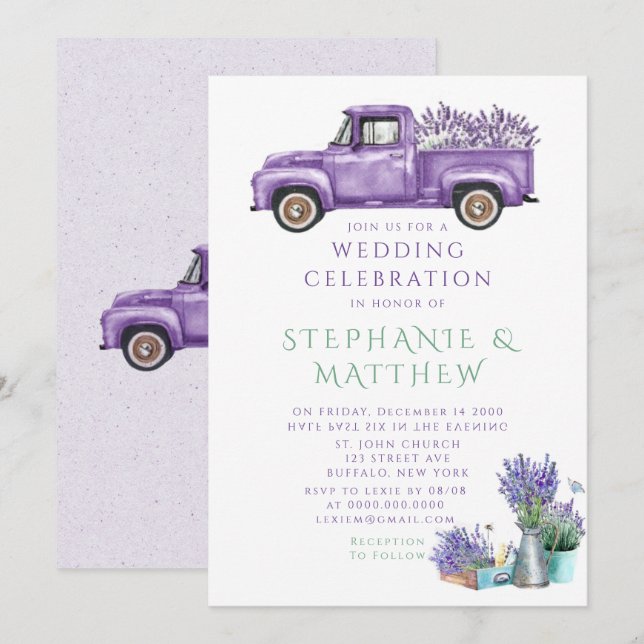 Lila Vintager LKW Wisteria Wedding Einladung (Vorne/Hinten)
