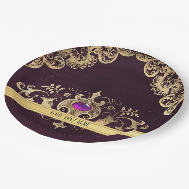 Lila Vintages Verziertes Gold Pappteller (Schrägansicht)