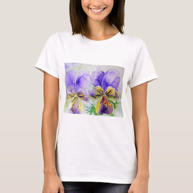 Lila Viola Pansy Wasserfarbenmalerei T Shirt (Vorderseite)