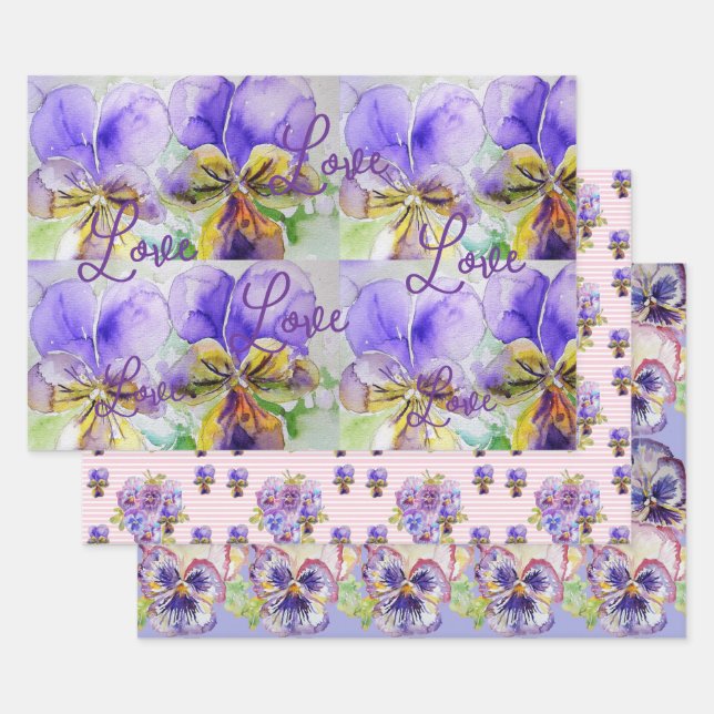 Lila Viola Stiefmütterchen Blume Wasserfarben Lieb Geschenkpapier Set (Set)