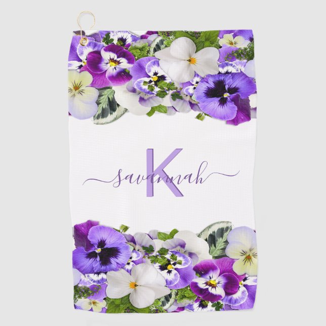 Lila Violet-Flora, weiße Monogrammnamenskripte Golfhandtuch (Vorderseite)
