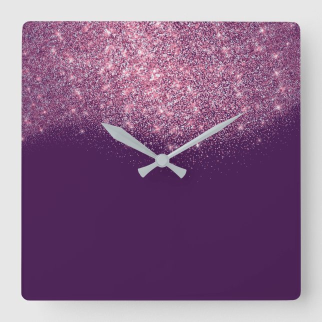 Lila Violet Glitzer Confetti Rosa Glam Quadratische Wanduhr (Vorderseite)