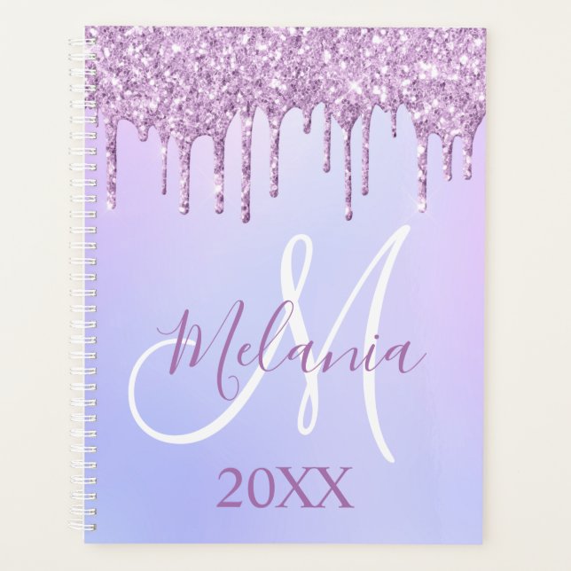 Lila Violet Glitzer Tropfen Girly Monogram 2025 Planer (Vorderseite)