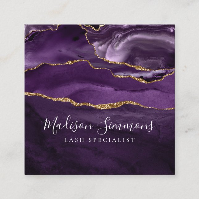 Lila Violet Gold Agate Geode Monogram Script Quadratische Visitenkarte (Vorderseite)