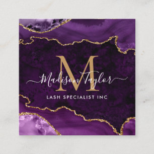 Lila Violet Gold Glitzer Marmoragate Monogramm Quadratische Visitenkarte