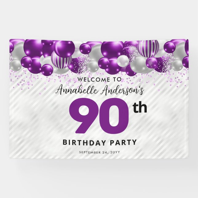 Lila Violet Silber Ballon Willkommen 90. Geburtsta Banner (Horizontal)
