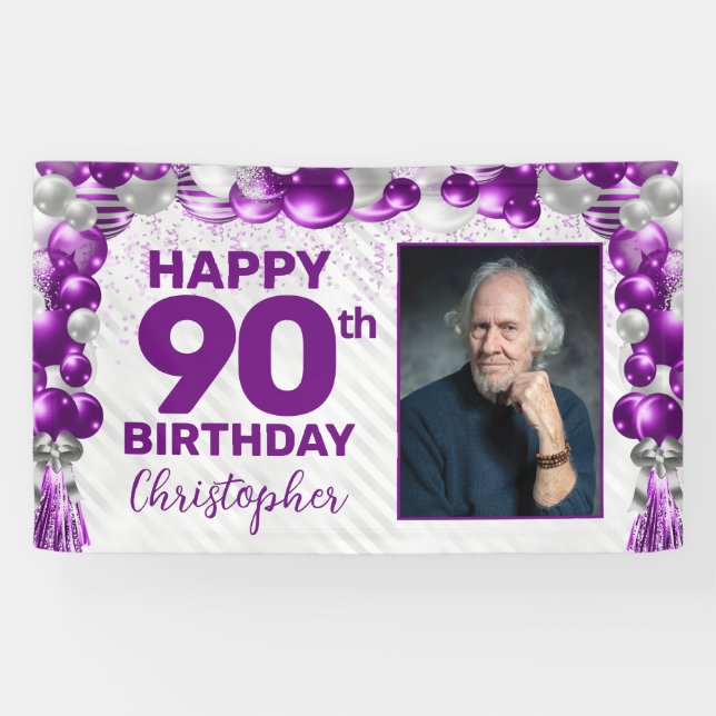 Lila Violet Silver Ballon Foto 90. Geburtstag Banner (Horizontal)