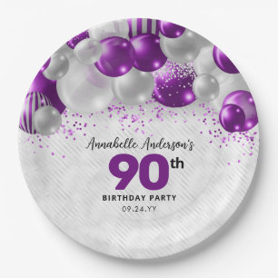 Lila Violet Silver Ballon Glitzer 90. Geburtstag Pappteller