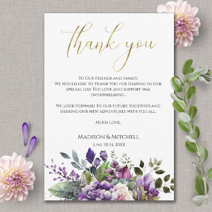 Lila Violet Watercolor Bouquet Gold Script Dankeskarte