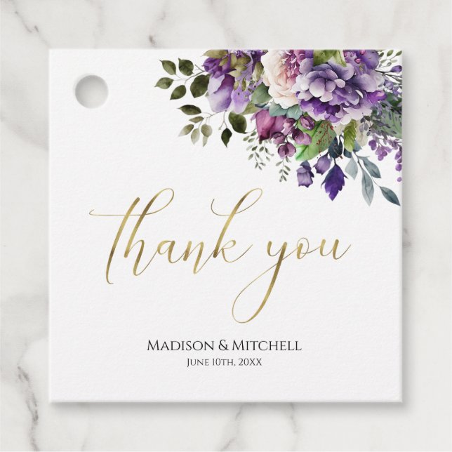 Lila Violet Watercolor Bouquet Gold Script Geschenkanhänger (Vorderseite)