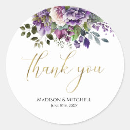 Lila Violet Watercolor Bouquet Gold Script Runder Aufkleber